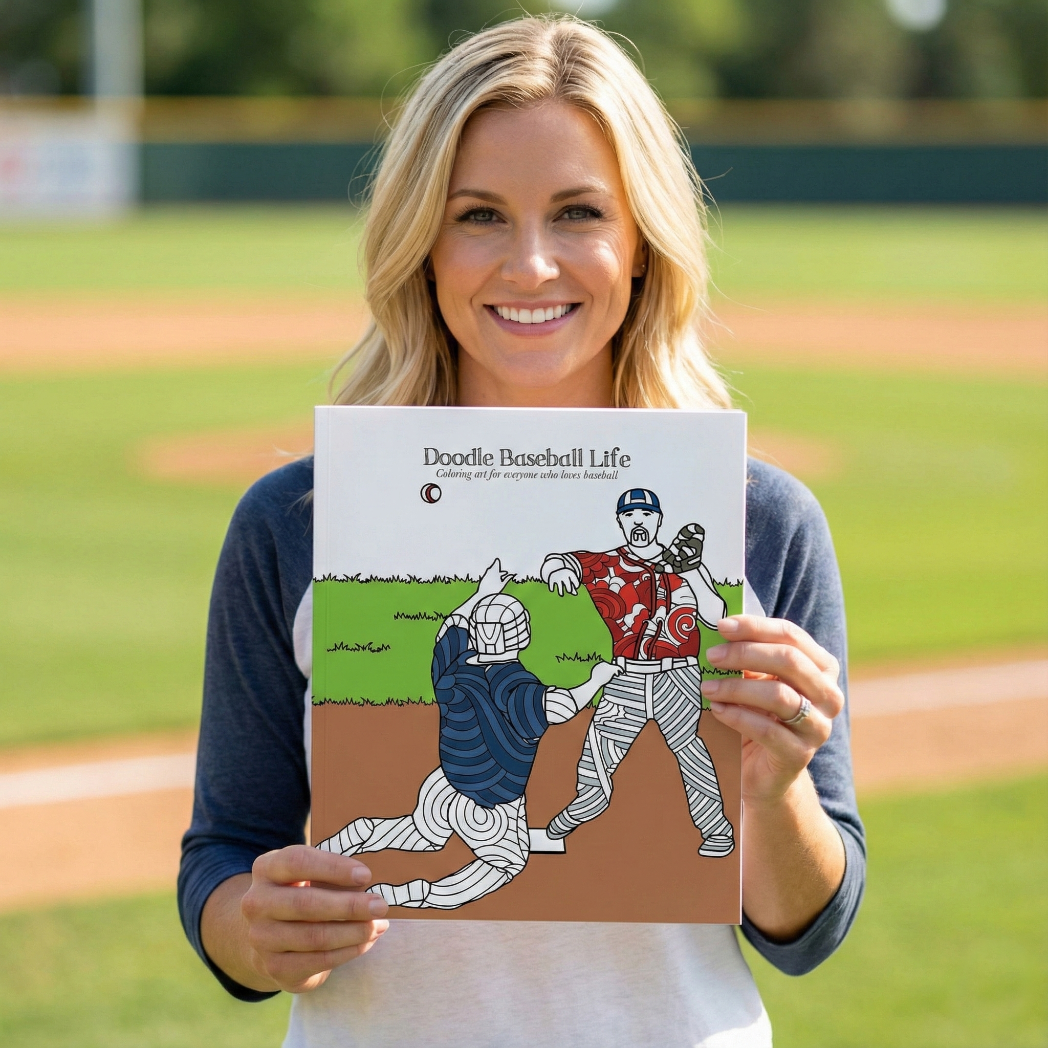 Woman holding baseball book at baseball field showing illustrated baseball training or kids book