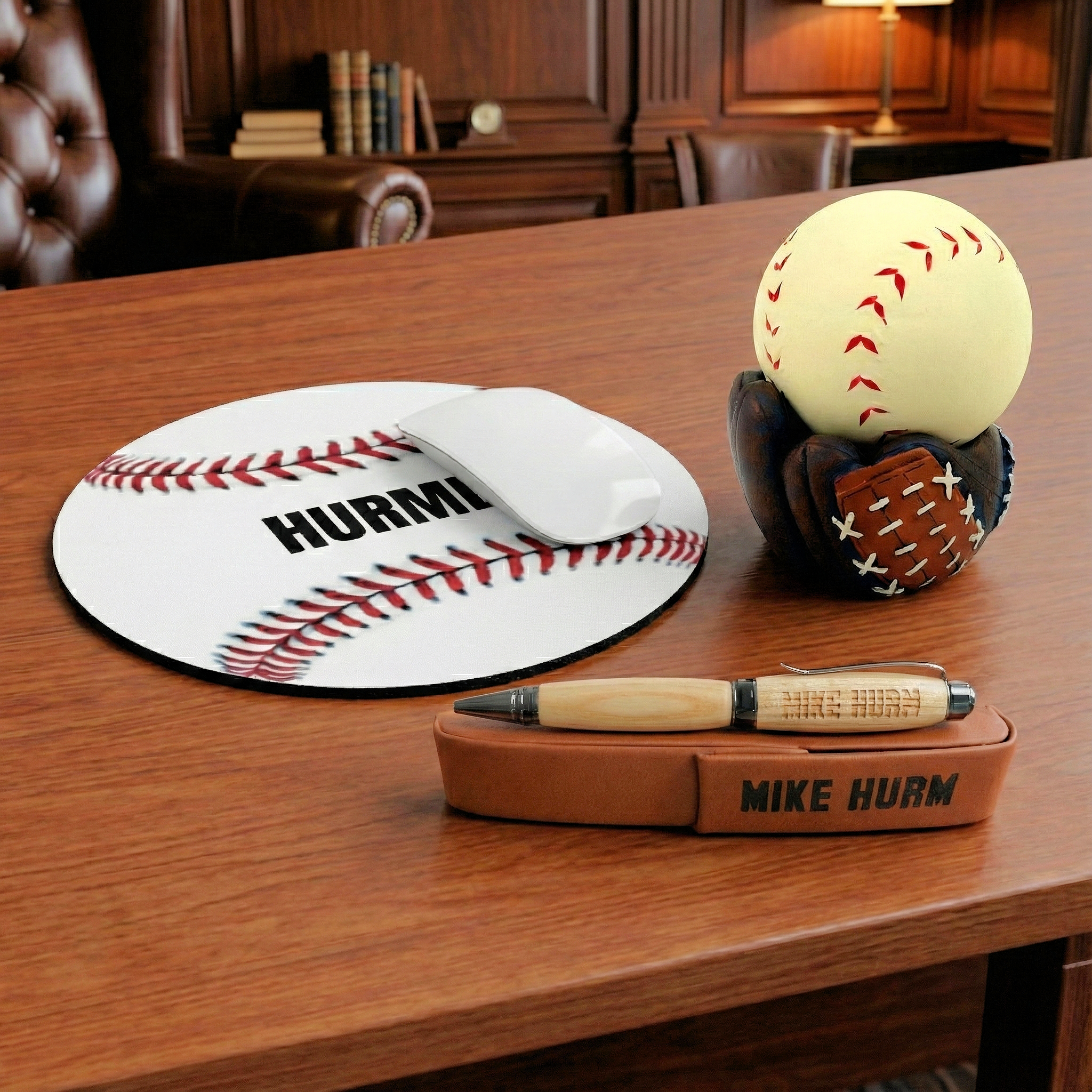 Baseball-themed desk accessories including mousepad and pen holder on office desk