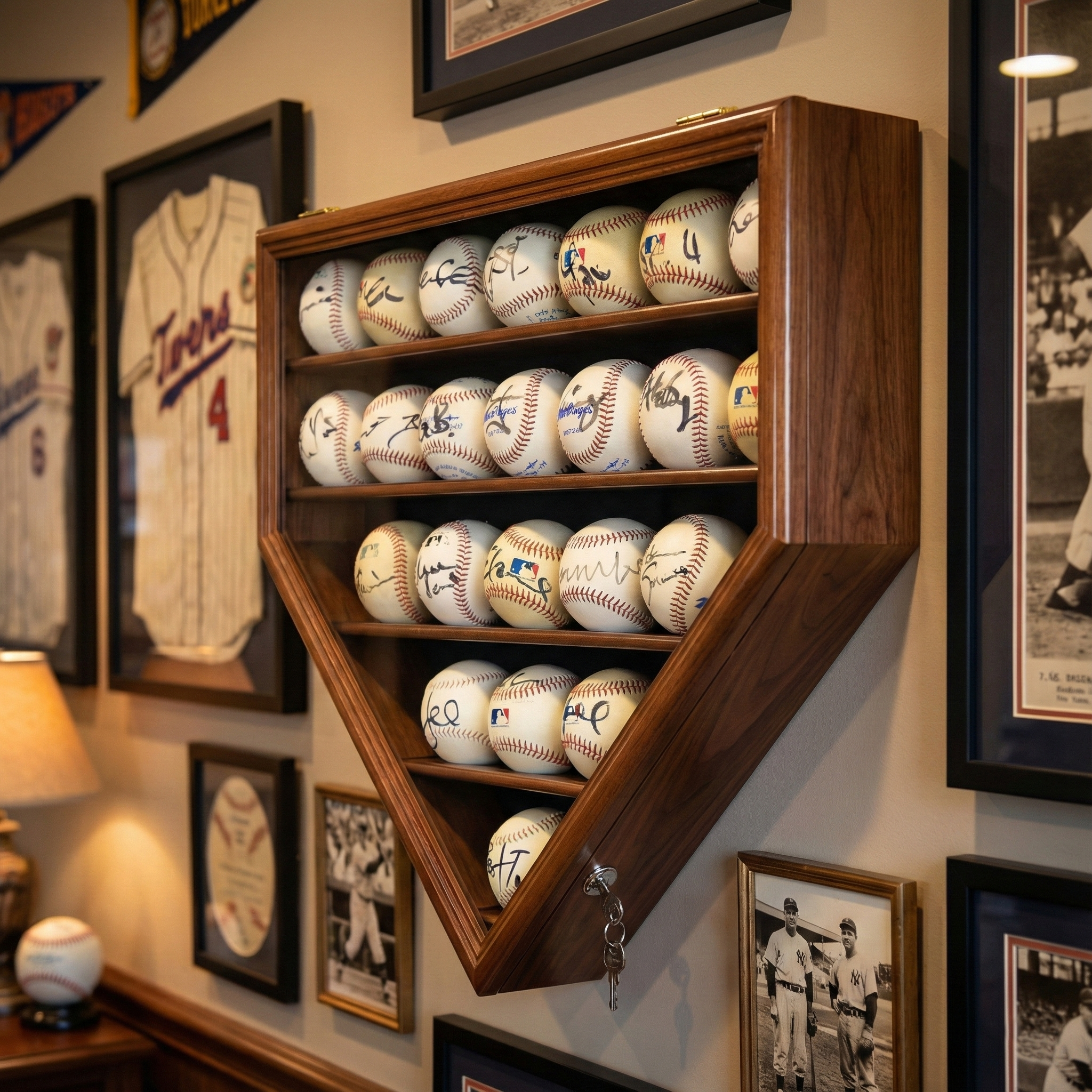 Wooden baseball display case mounted on wall holding multiple signed baseballs