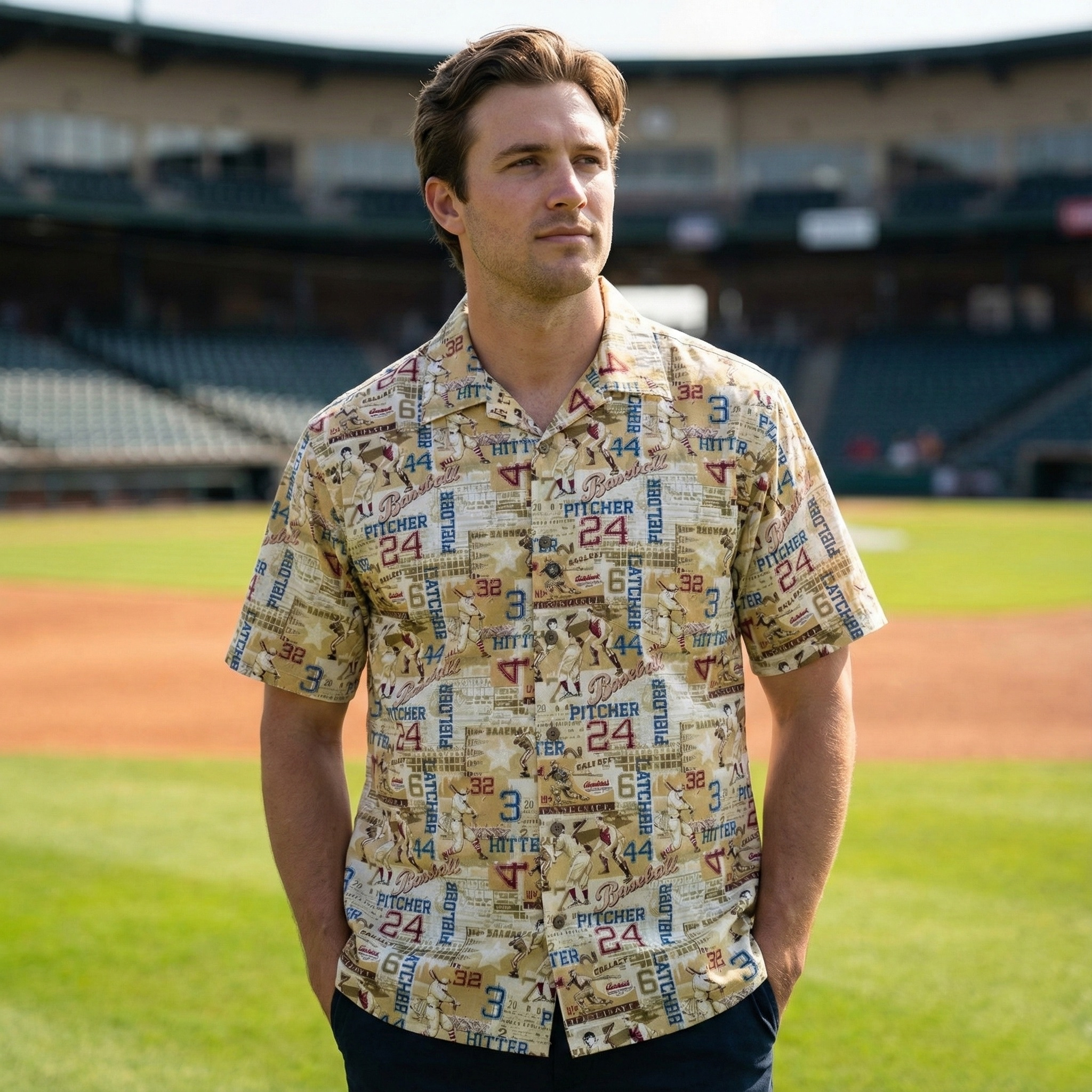 Man wearing baseball-themed shirt standing on baseball field