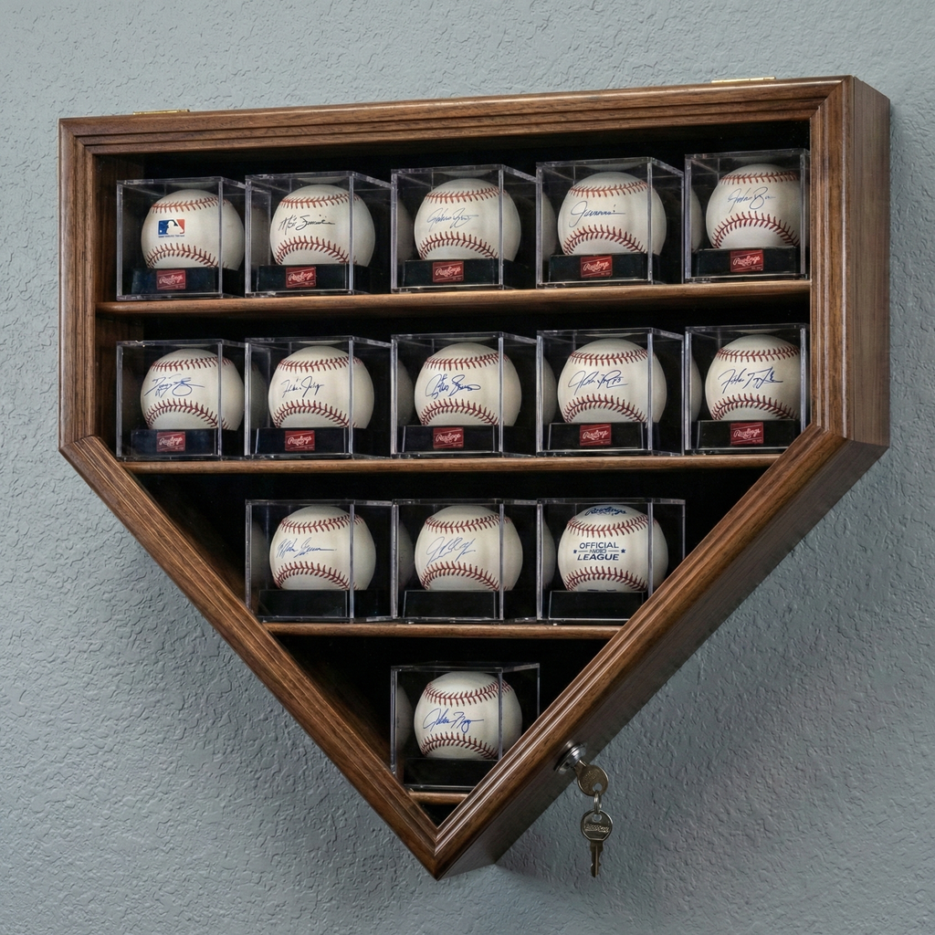 Wooden home plate-shaped display case with signed baseballs on a gray wall.