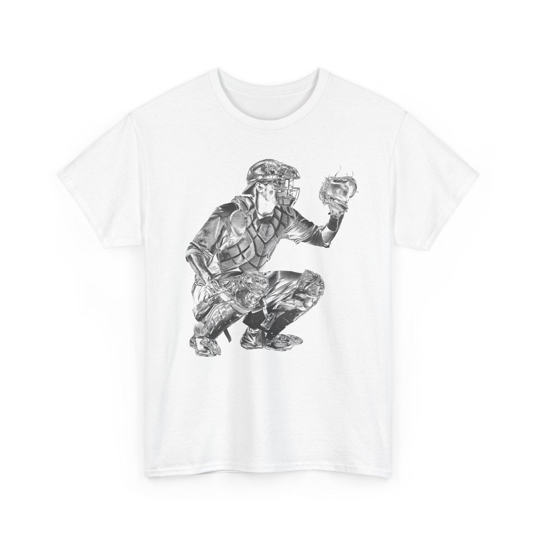 White t-shirt with black graphic design of a baseball catcher on a white background