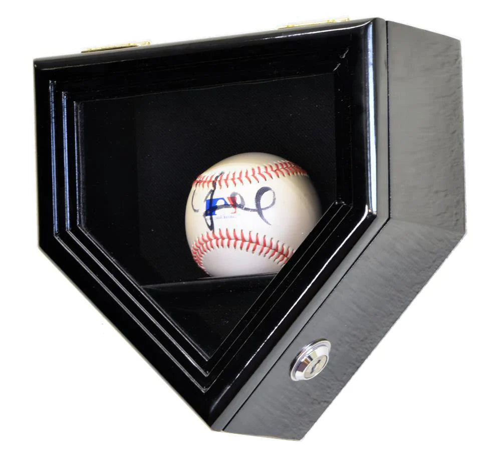 Black single display case with a signed baseball inside on a white background