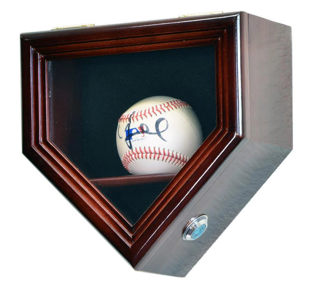 Baseball in a locking wooden display case with a signature
