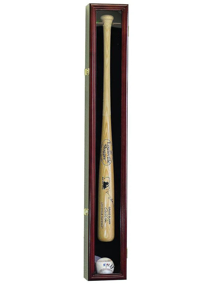 Baseball bat and ball in a wooden display case on a white background