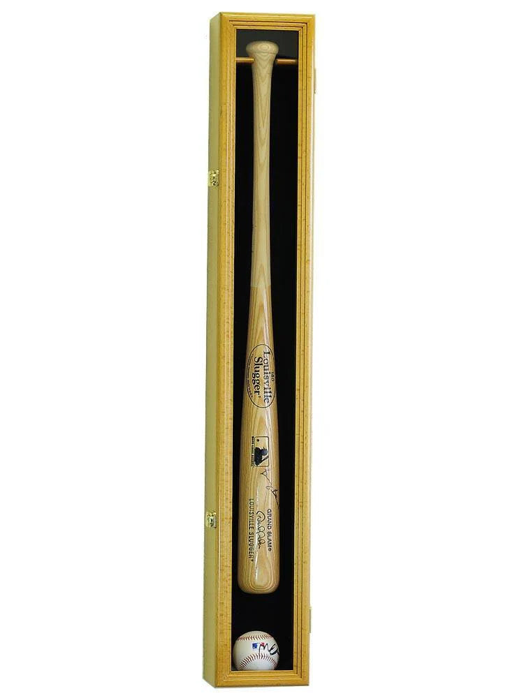 Wooden baseball bat with a ball inside a wooden display case on a white background