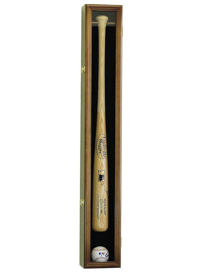 Baseball bat and ball in a wooden display case on a white background