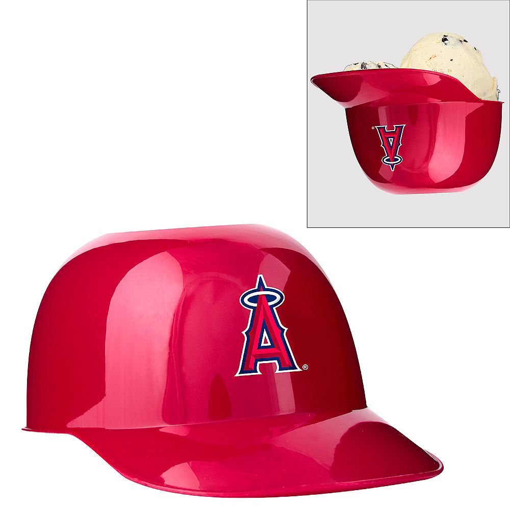 Red Los Angeles Angels baseball helmet with a logo, inset showing a red bowl with ice cream.