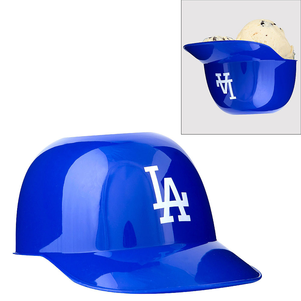 Blue Los Angeles Dodgers baseball helmet with white logo and inset of blue bowl with ice cream.