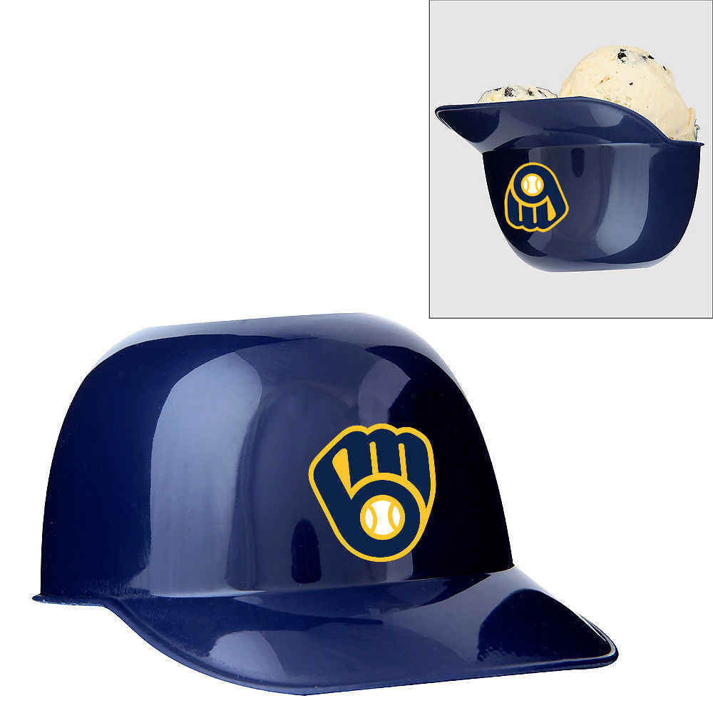 Blue Milwaukee Brewers ice cream baseball helmet with yellow logo on a white background