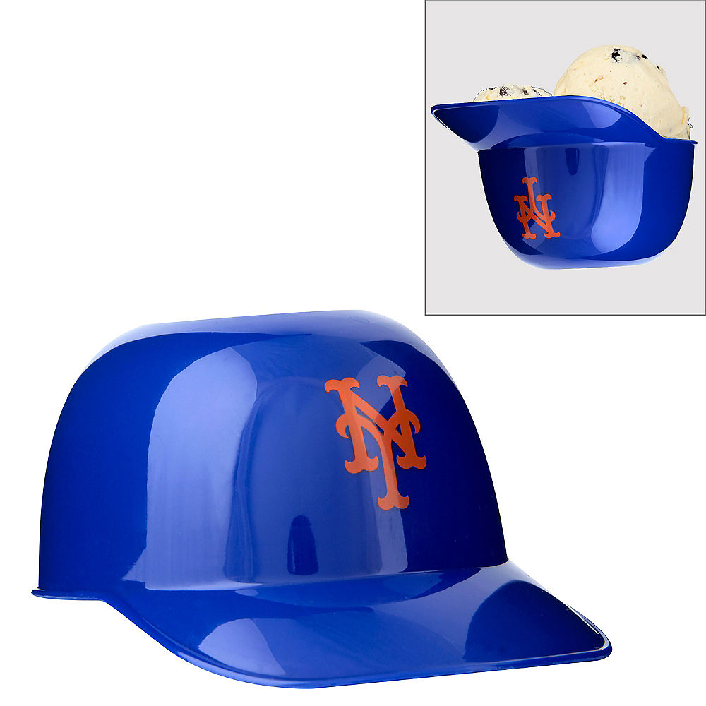 Blue New York Mets helmet with orange NY logo and inset of a blue bowl with ice cream.