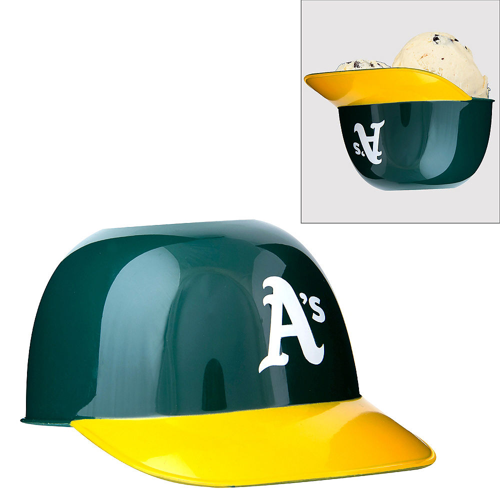 Green and yellow Oakland Athletics ice cream baseball helmet with 'A's' logo on a white background