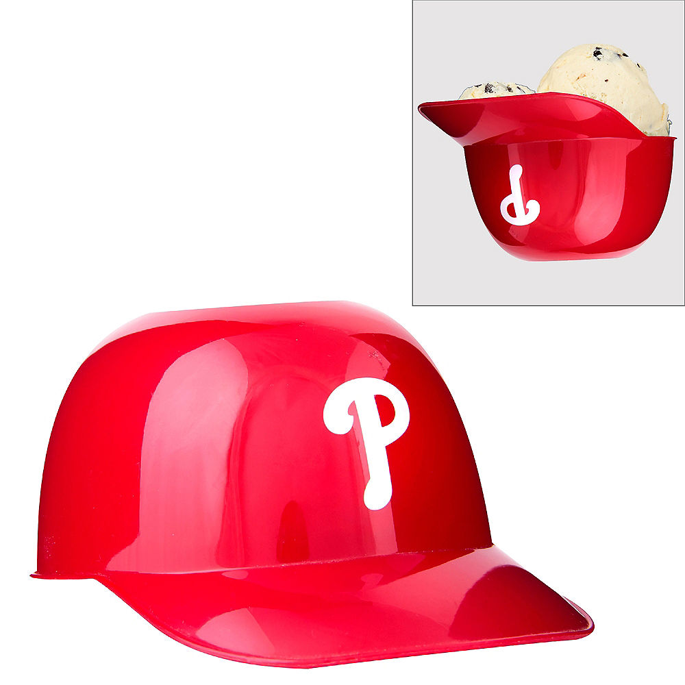Red Philadelphia Phillies ice cream baseball helmet with a white 'P' logo on a white background