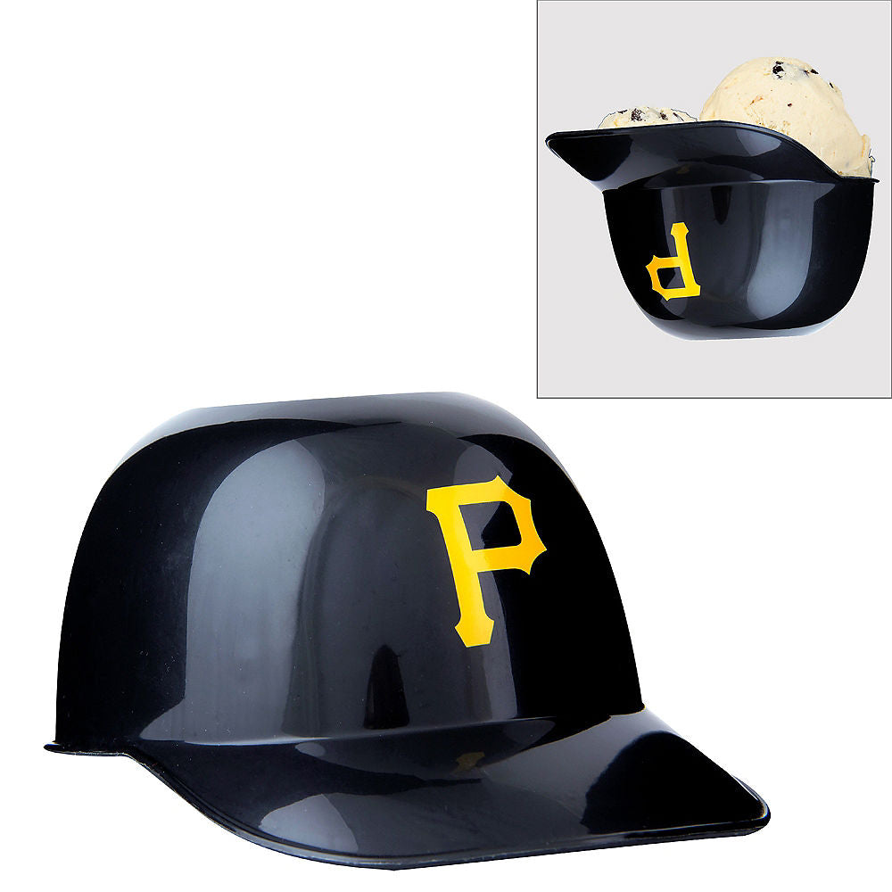 Black Pittsburgh Pirates baseball ice cream helmet with yellow 'P' logo on a white background