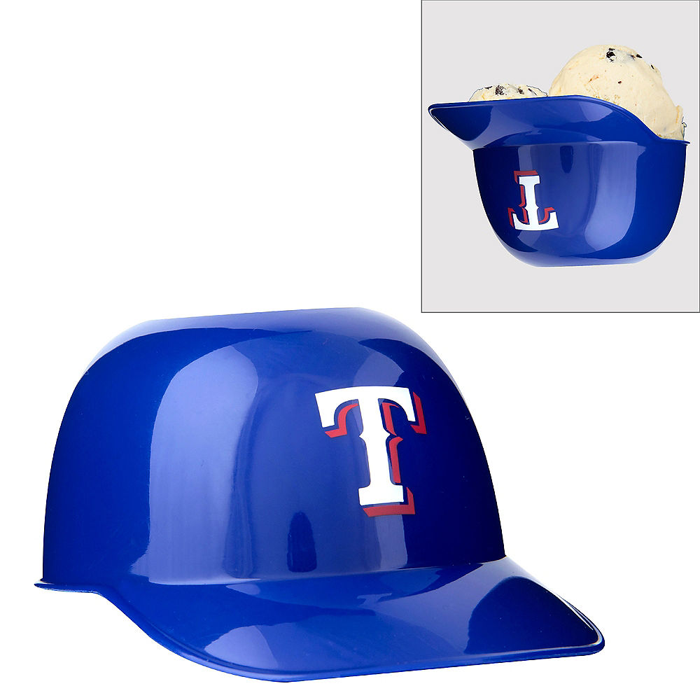Blue Texas Rangers baseball helmet with logo and inset showing ice cream scoop in a similar helmet