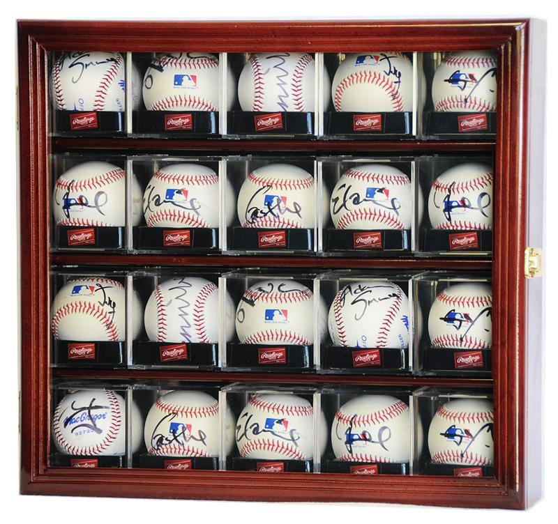 Wooden display case with multiple autographed baseballs inside
