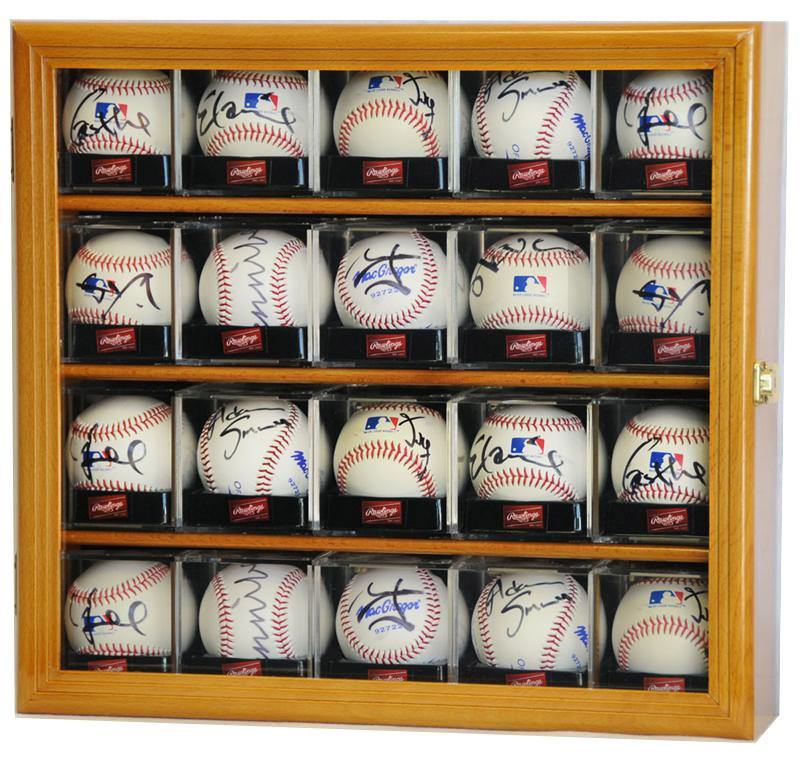 Wooden UV locking display case with cubed autographed baseballs