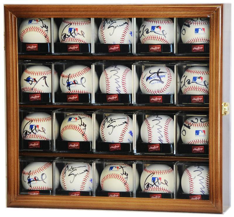Wooden UV display case with autographed baseballs inside acrylic cubes