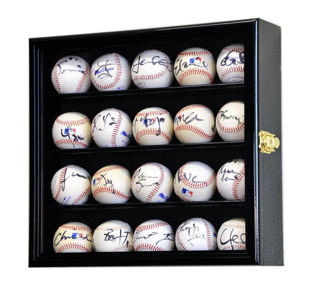 Black locking display case with 20 signed baseballs on a white background