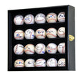Black locking display case with 20 signed baseballs on a white background