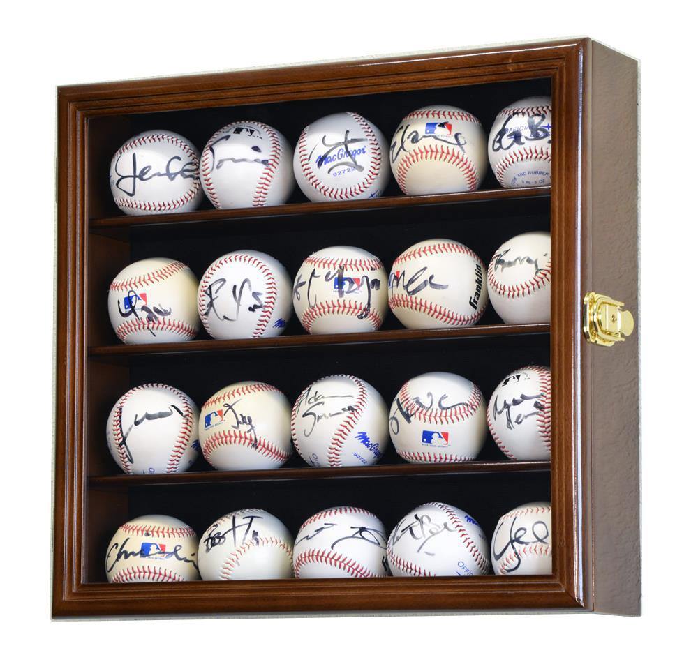 Wooden UV display case with shelves holding various baseballs with autographs.