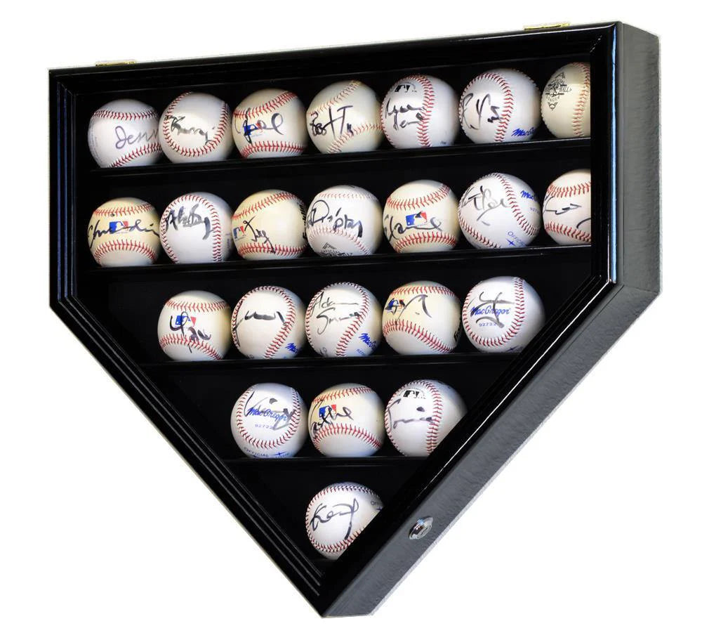 Black wooden uv home plate-shaped display case with signed baseballs inside