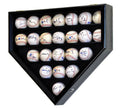 Black wooden uv home plate-shaped display case with signed baseballs inside