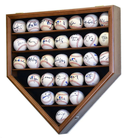 Wooden locking UV display case shaped like a home plate with autographed baseballs inside