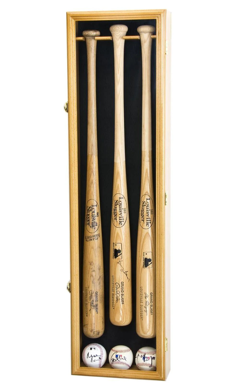 Set of three wooden baseball bats in a wooden case with three baseballs on a white background