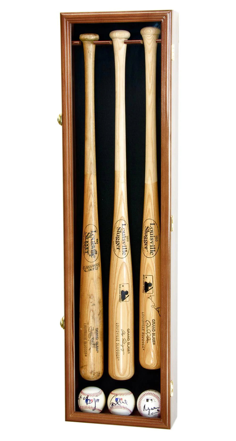 Three wooden baseball bats in a wooden display case with balls underneath.