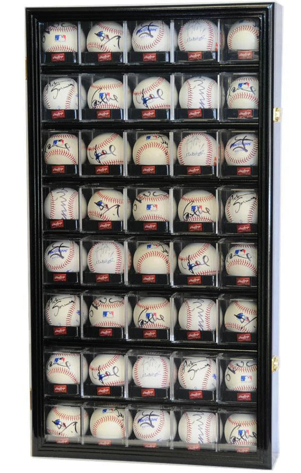 Display case with 40 signed and cubed baseballs arranged in rows.
