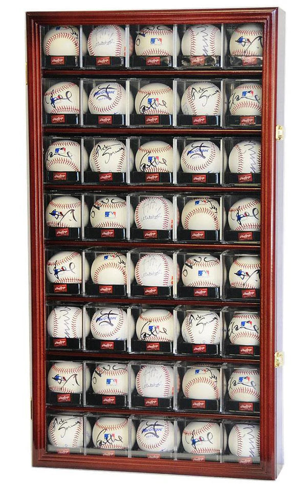 Wooden display case with locking glass door containing various cubed baseballs with autographs.