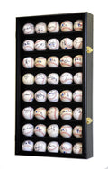 Black wood display case with 40 signed baseballs on a white background