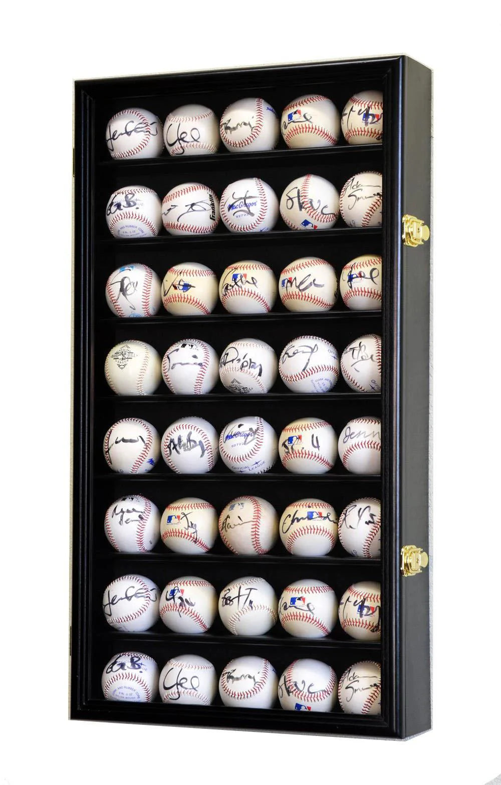 Black wood display case with 40 signed baseballs on a white background