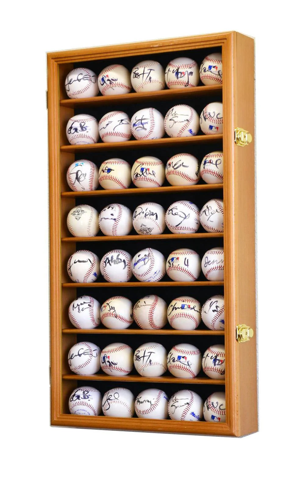 Wooden display case with shelves holding various autographed baseballs on a white background