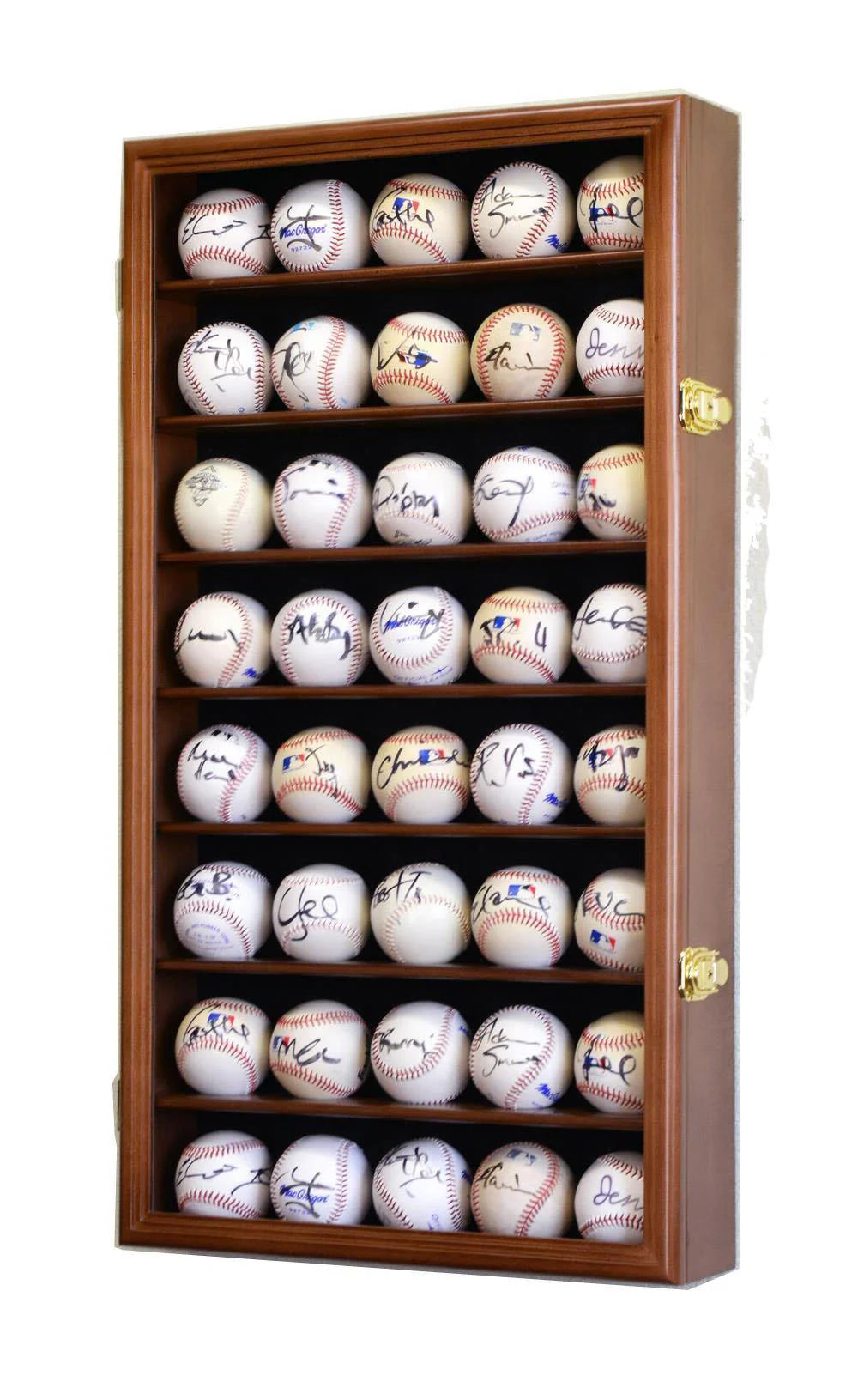 Wooden display case filled with autographed baseballs on a white background