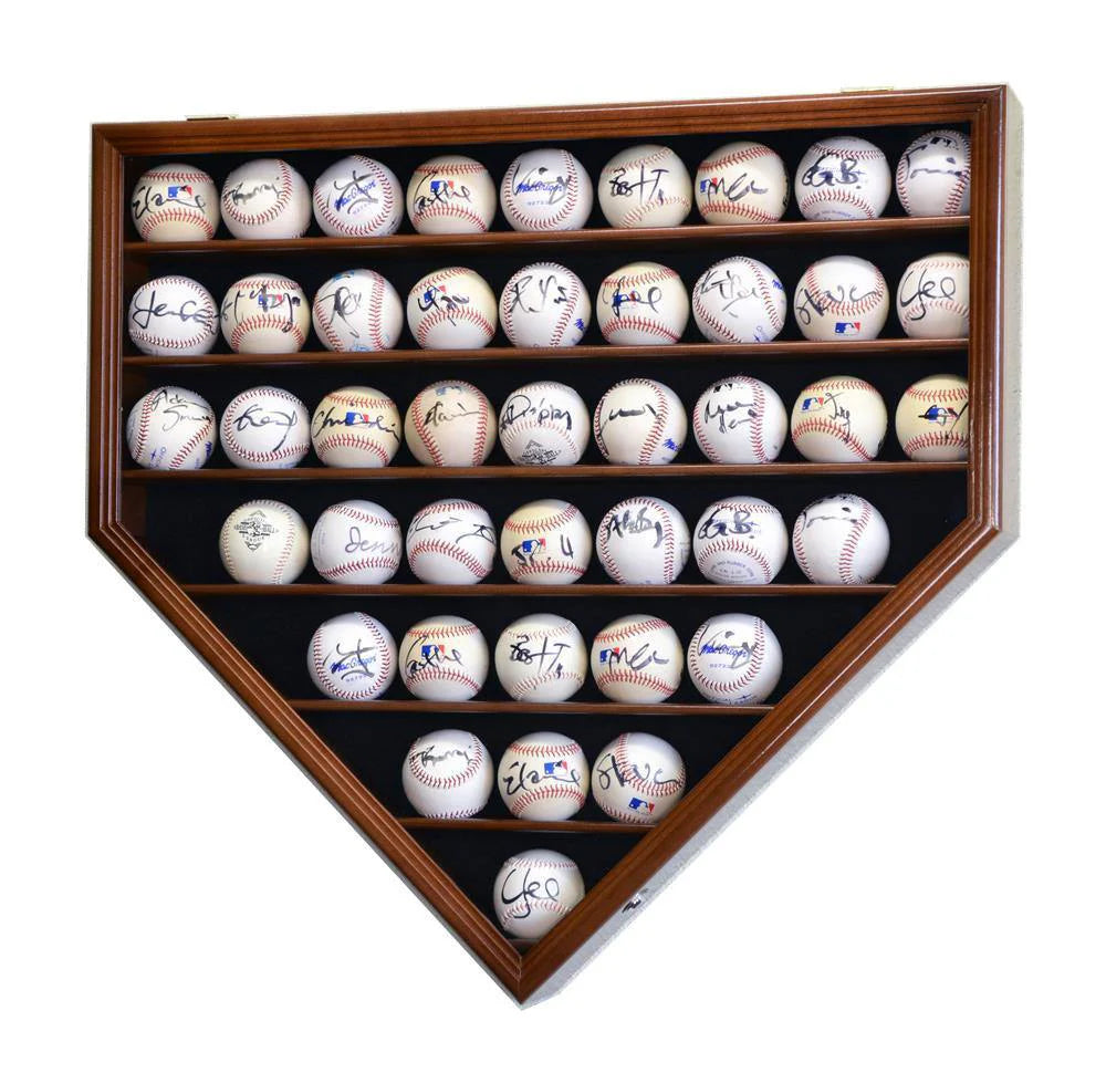 Wooden baseball display case with signed baseballs arranged in a home plate shape protected by UV and lock.