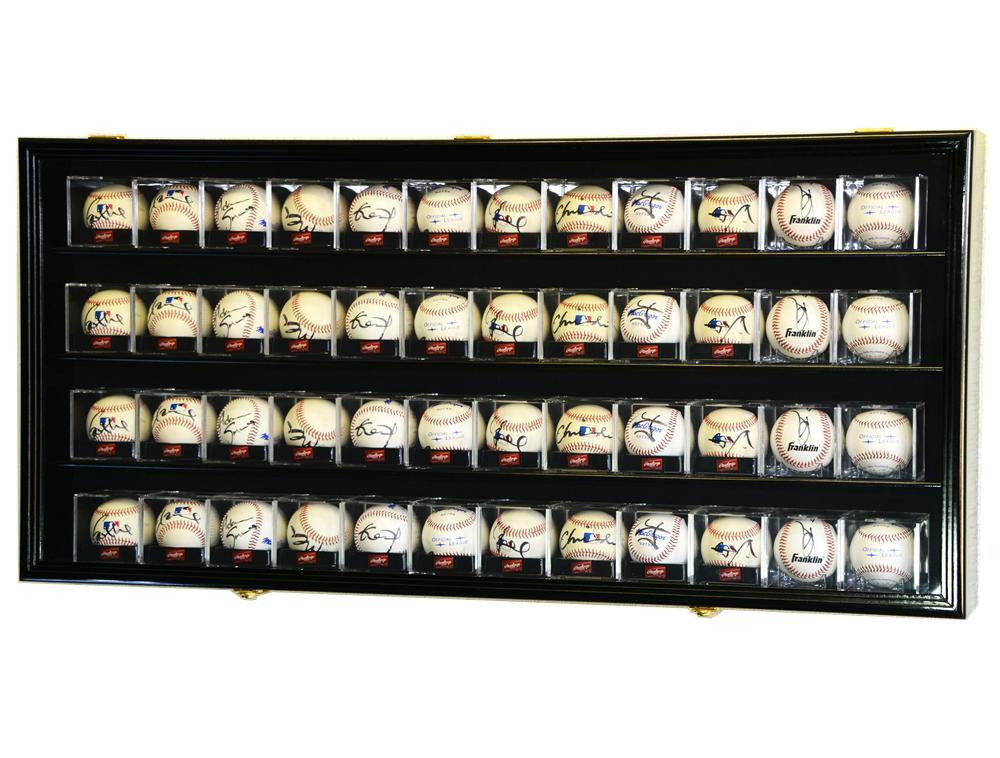 UV locking display case with 40 cubed signed baseballs on a white background