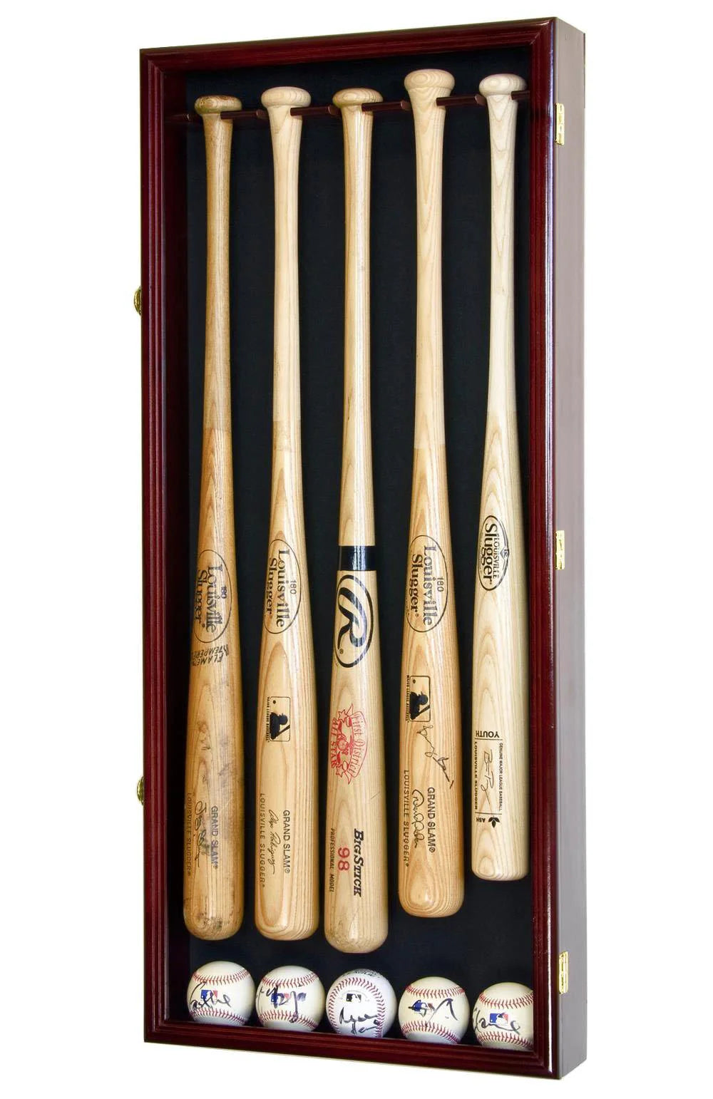 Set of baseball bats and balls in a display case