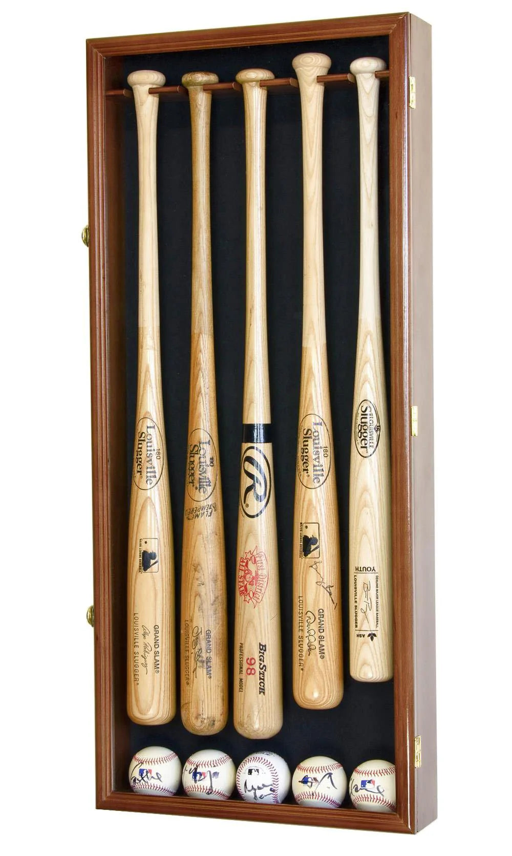 Set of five baseball bats and four baseballs in a wooden display case
