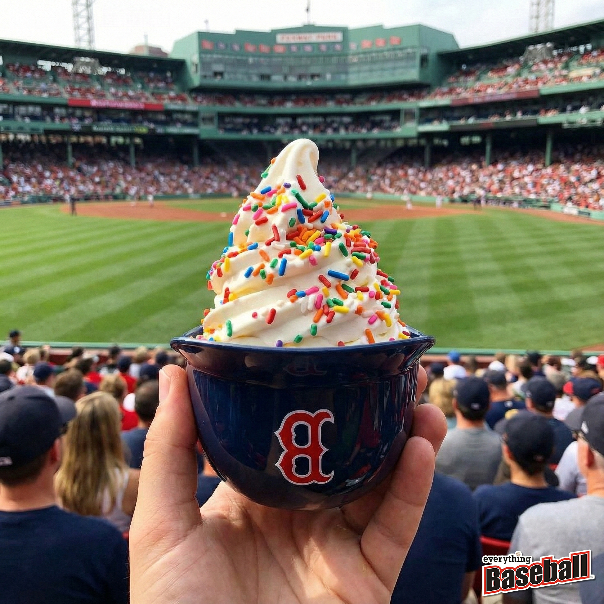 Hand holding a Boston Red Sox ice cream sundae helmet cup with colorful sprinkles at a baseball game at Fenway Park.
