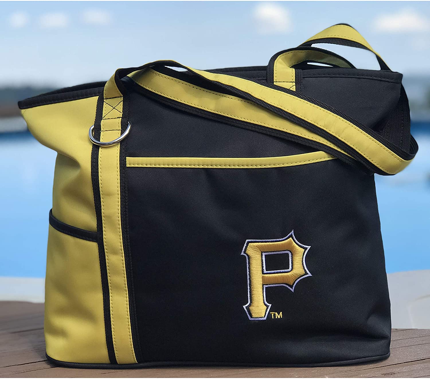 Pittsburgh Pirates tote bag with a logo on a wooden surface