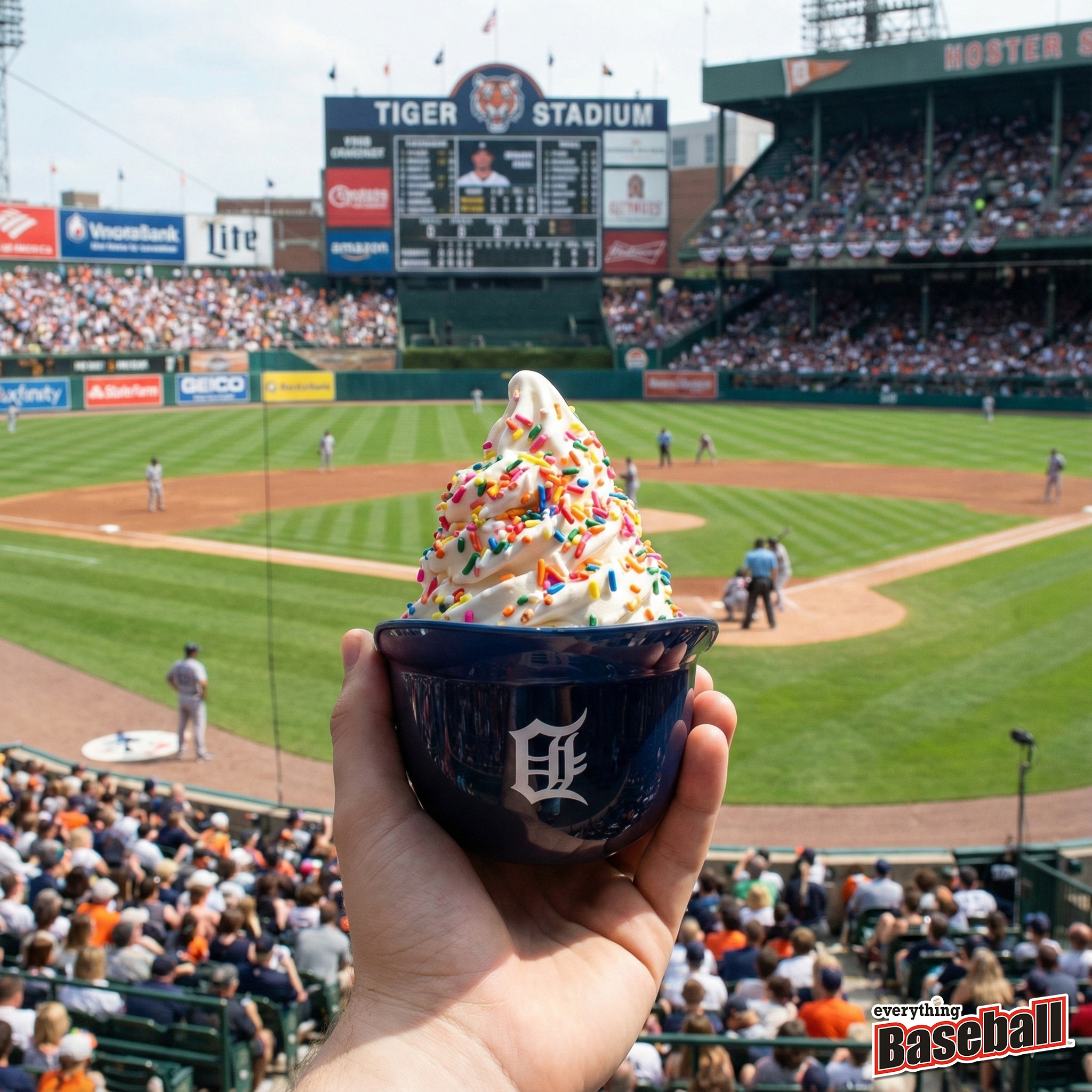 Detroit Tigers ice cream helmet sundae with colorful sprinkles held up in front of a baseball stadium