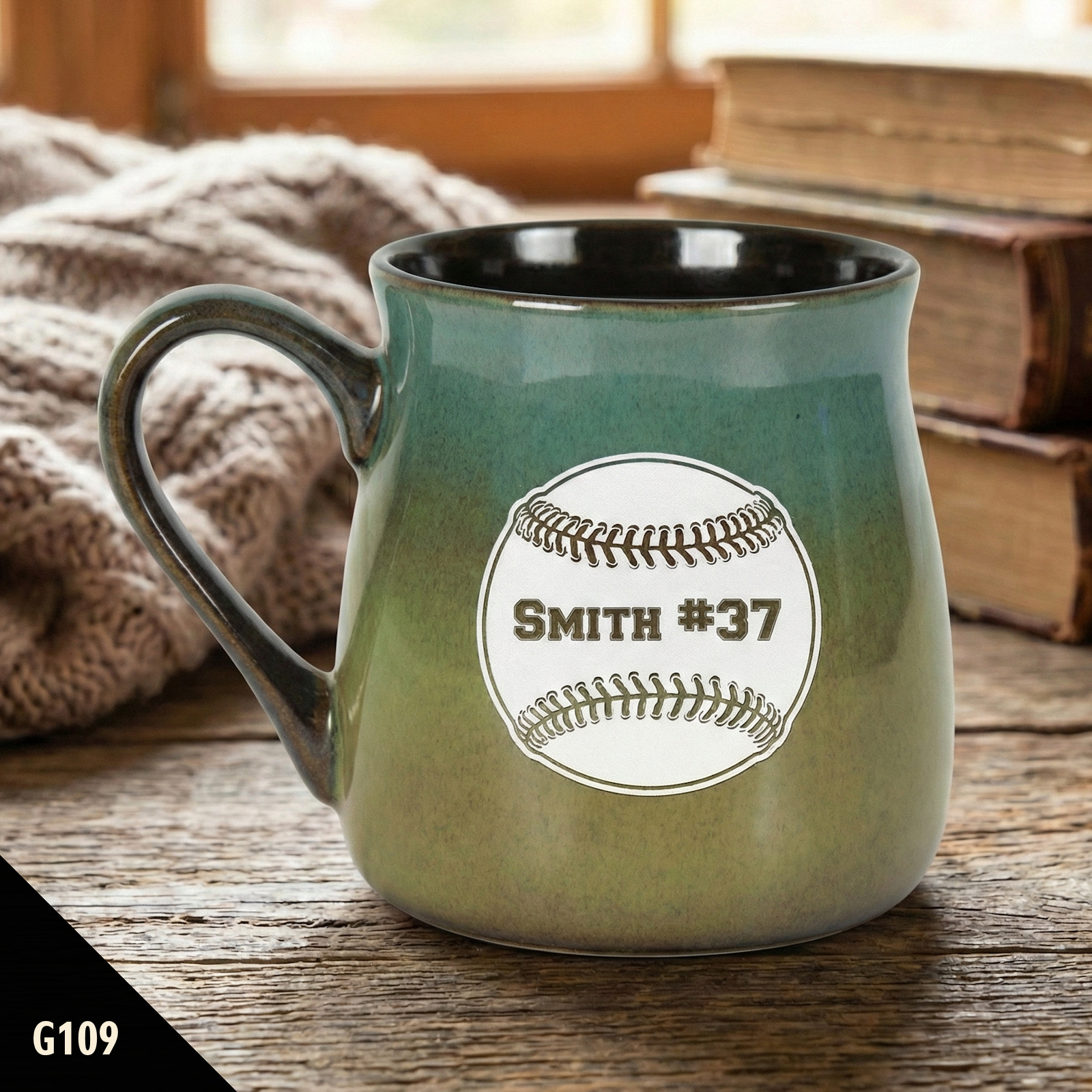 Green rustic tavern custom mug with a baseball design and text on a wooden surface