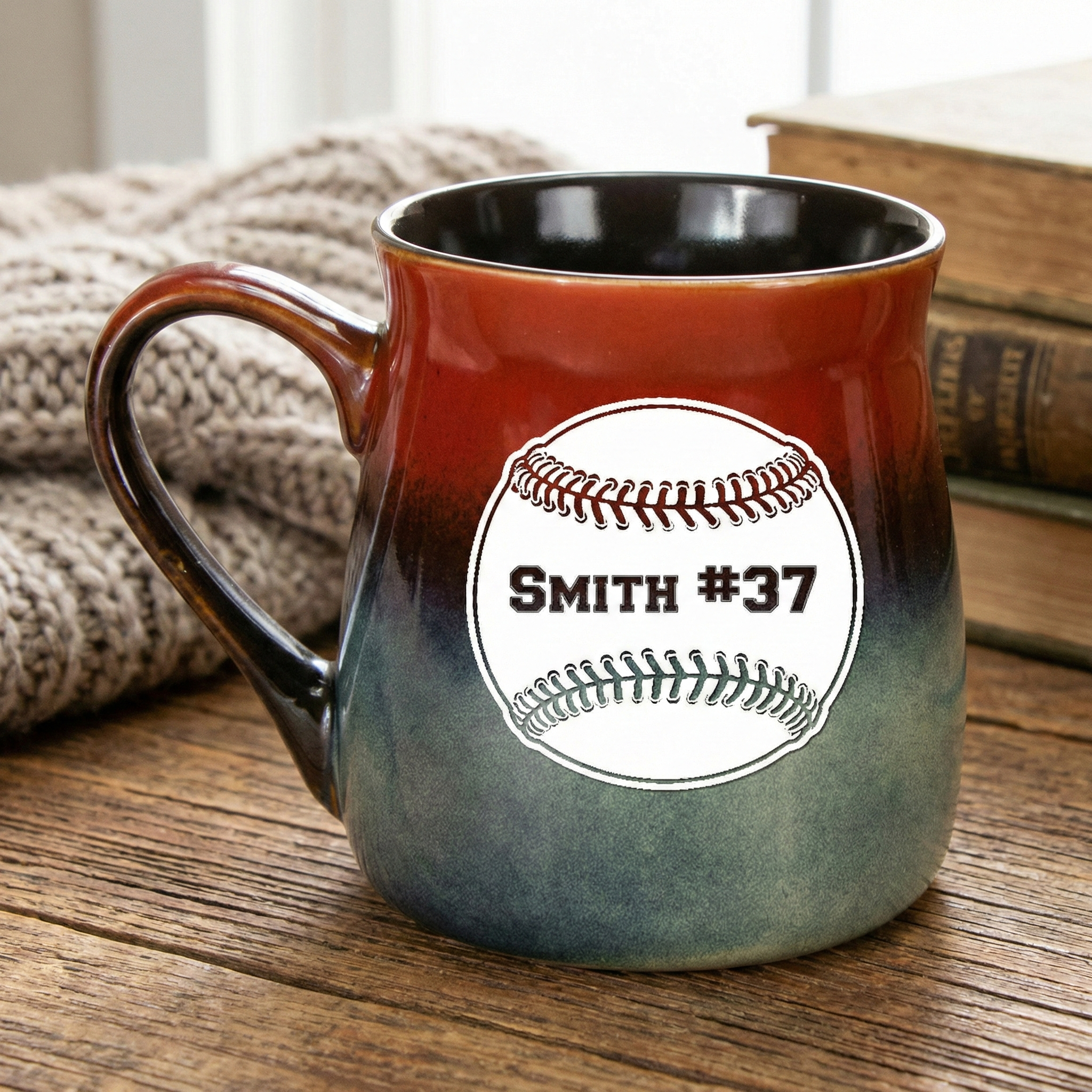 Rustic tavern mug with a baseball design and 'Smith #37' text on a wooden surface.