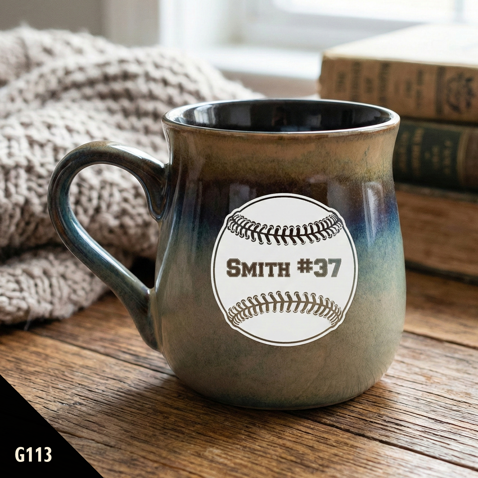 Rustic tavern mug with a baseball-themed label on a wooden surface