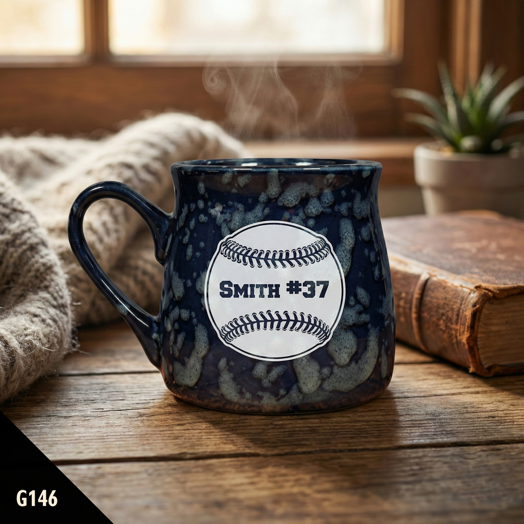 Blue marbled ceramic Paris tavern coffee cup with a baseball design and 'Smith #37' text on a wooden surface.