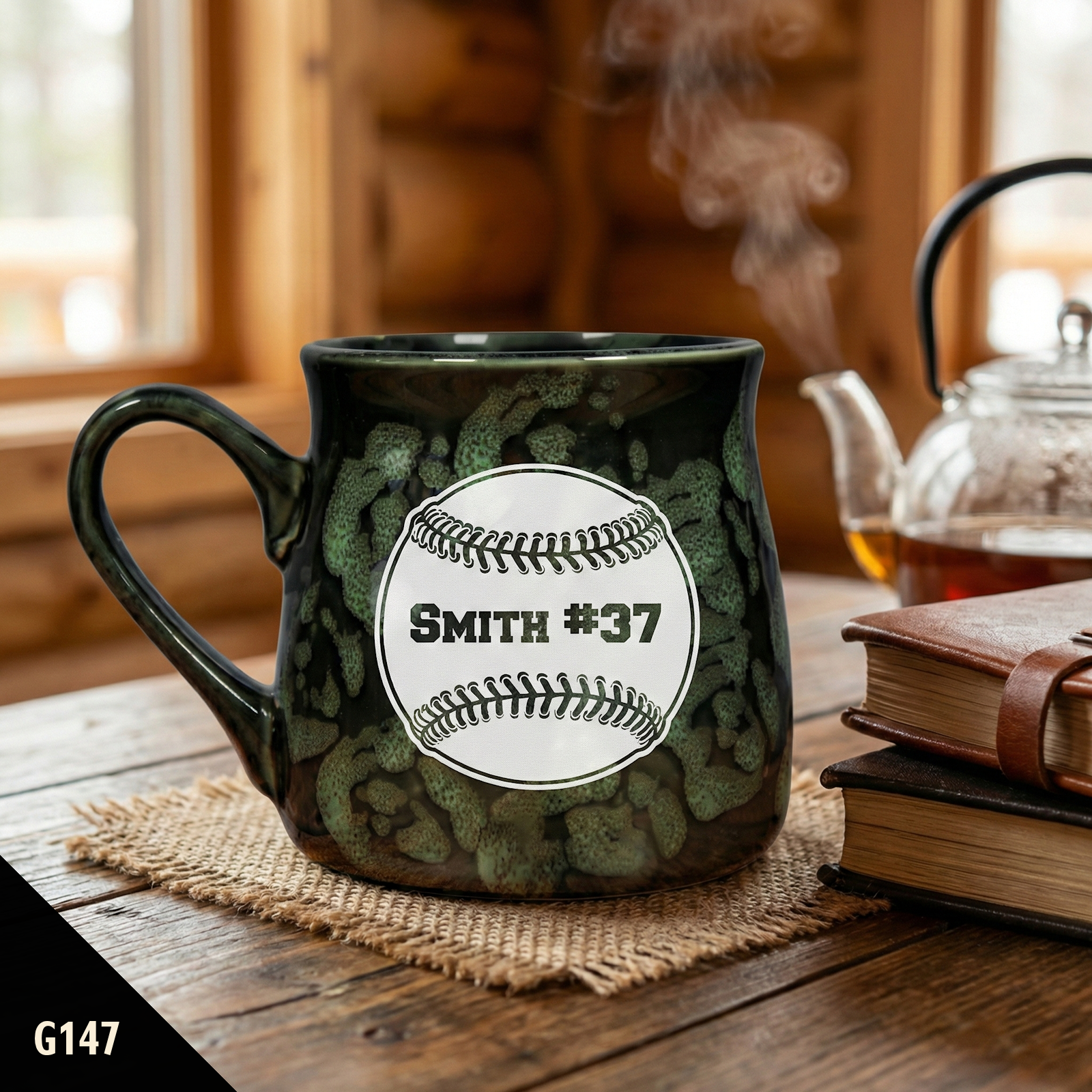 Green ceramic Paris tavern baseball coffee mug with a baseball design and 'Smith #37' text on a wooden table.