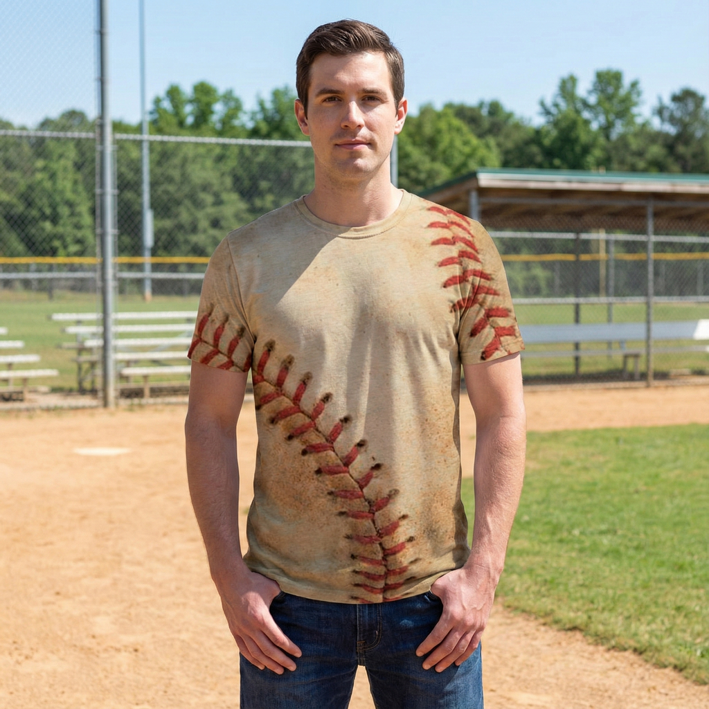 Man wearing a t-shirt with a baseball stitch design on a baseball field.