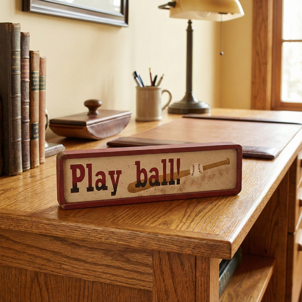 Wooden mini baseball sign with 'Play ball!' text on a desk with books and a lamp in the background